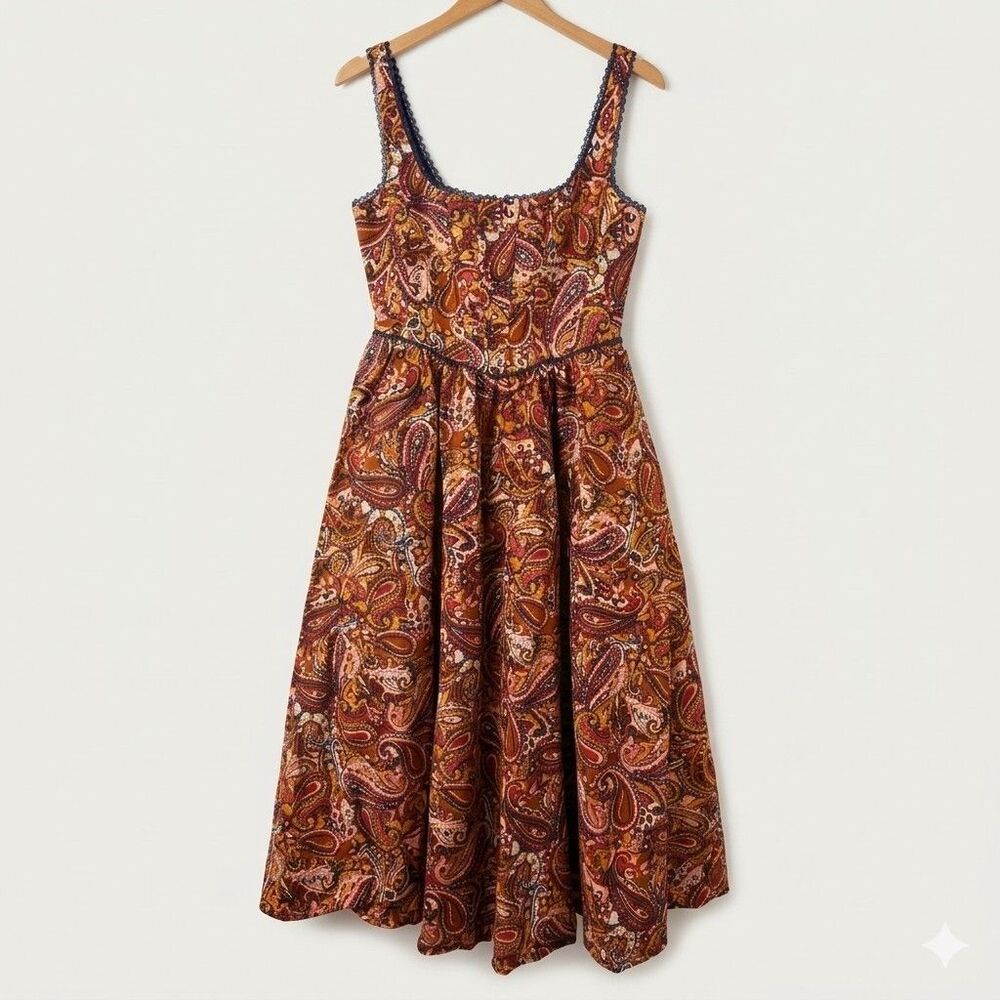 WAYF Desi Corset Midi Dress Small S Orange Navy Paisley Cotton Drop Waist Lace